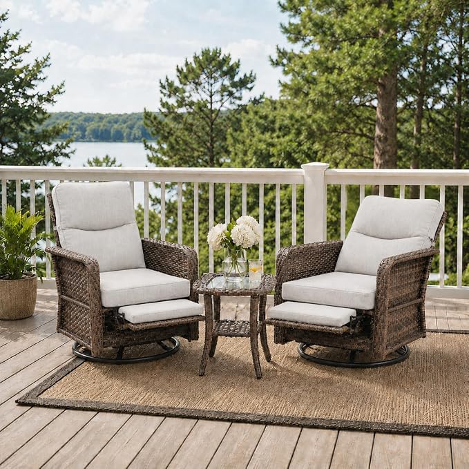 Yechen 3 Piece Outdoor Patio Wicker Chairs with Footrest and Adjustable Backrest, Furniture Set with 2 Swivel Chairs and Side Table, Thickened Seat Cushions for Porch Deck Backyard, Cool Greige