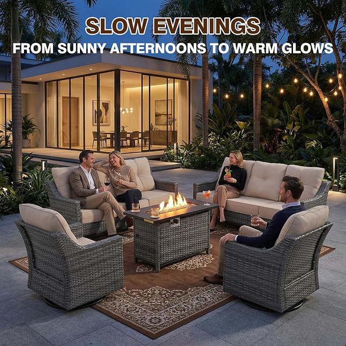 5 Piece Patio Furniture Set With Fire Pit Table, 360°Swivel Glider Patio Chairs Set of 2,Cozy 60,000 BTU Rectangular Fire Pit Table,2 Sofas, All-Weather Wicker Patio Set With 6 Inch Cushion for Porch