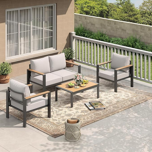 Garvee Aluminum Patio Furniture Set 4 Seats, Generous Outdoor Sectional with Washable Thick Cushions and Coffee Table, Patio Conversation Sets for Porch, Balcony, Deck, Yard