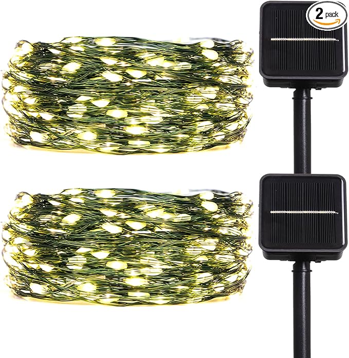 Solar String Lights for Outside,33FT 100LEDs (2 Pack) Solar Fairy Lights,Waterproof 8 Modes Outdoor String Light for Patio Garden Backyard Tree Balcony Christmas,Green Wire,Warm White