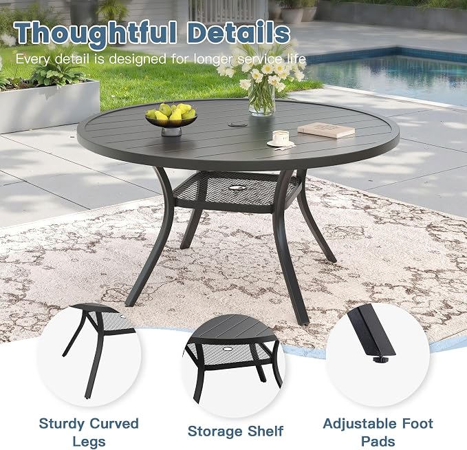 DIFY Outdoor Dining Set for 4, 5 Piece Patio Table and Chairs Set, Swivel Patio Dining Chairs with Dark Grey Textilene & 47.2" Black Round Metal Dining Table with Umbrella Hole, for Garden Backyard