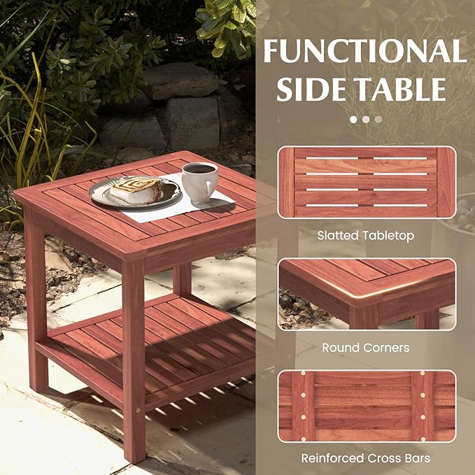 Tangkula Patio Side Table, Double-Tier Acacia Wood End Table, Slatted Tabletop & Shelf, Outdoor Small Side Table with Storage, Compact Wood Table for Backyard, Balcony (1, Natural)