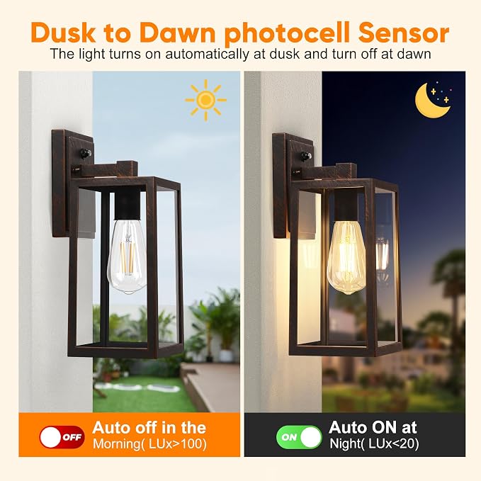 Dusk to Dawn Porch Light Fixtures, Black Brushed Gold Exterior Lighting Lamp, Sensor Wall Lantern, Waterproof Outdoor Wall Sconce for House Doorway, Garage 2 Pack