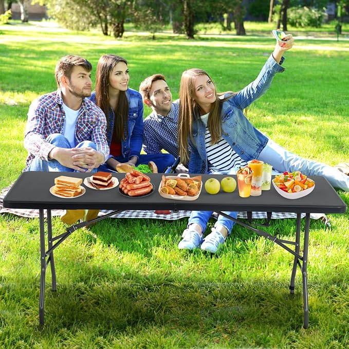 6FT Folding Table, Heavy Duty Plastic Table Portable Fold-in-Half Utility Table Indoor Outdoor Picnic Table w/Handle & Lock for Camping BBQ Party Wedding Market Events, Black