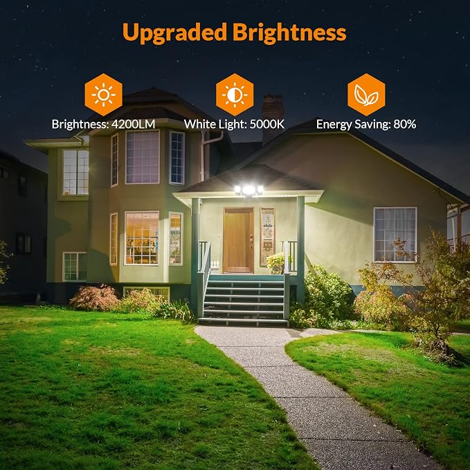 LEPOWER 42W Flood Lights Outdoor - 4200LM Bright LED Security Lights(Brown) | Switch Controlled Exterior Flood Light with 3 Heads, 220° Wide Beam Angle, IP65 Waterproof for Garage, Yard, Porch, Driveways