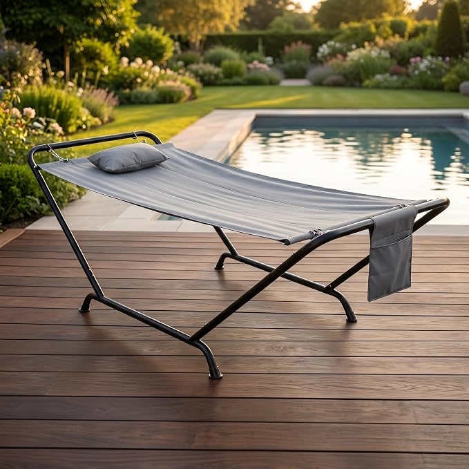 Freestanding Hammock with Stand, 600lbs Capacity Heavy Duty Outdoor Hammock Bed with Detachable Soft Pillow and Side Storage Pocket, Portable Gray Hammock for Patio Garden (Gray)