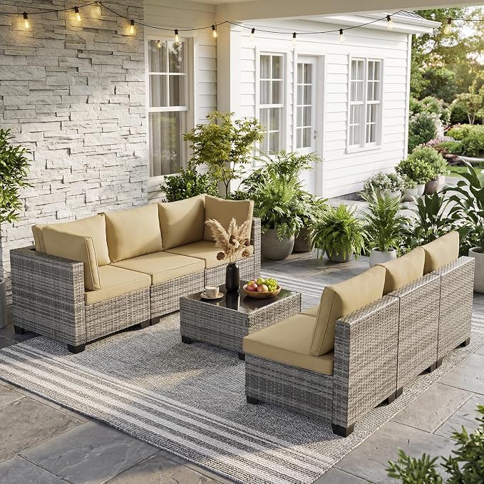 ANJ 7 Piece Outdoor Wicker Patio Furniture Set, Modular Loveseat Sofa with with Glass Top Coffee Table, All-Weather Rattan Conversation Couch Set for Balcony, Backyard, Light Grey Wicker-Camel