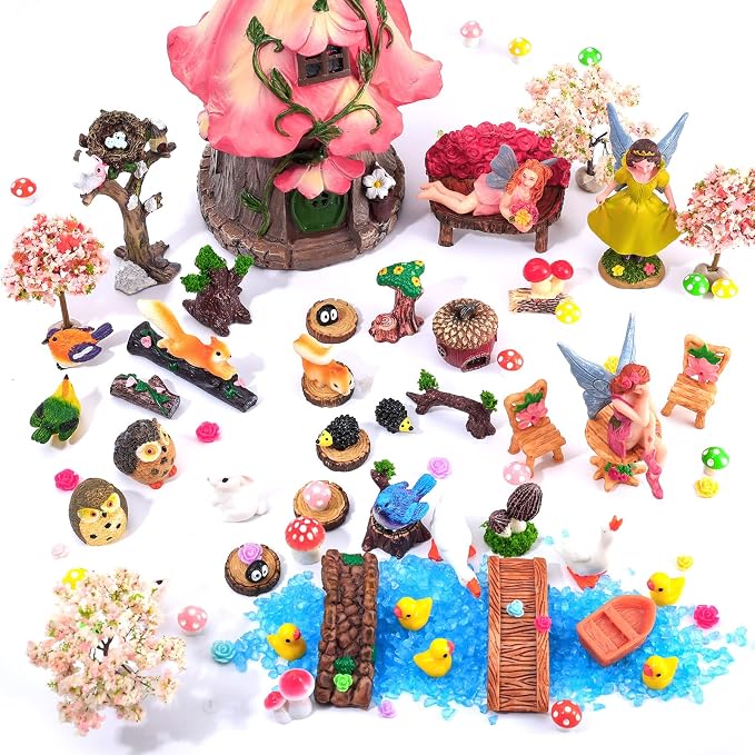 93 Pcs Fairy Garden House Resin Accessories Fairy Elves Kit Miniature Fairy Figurines Ornaments Animals Decor Outdoor for DIY Dollhouse | Mini Resin Fairies Animals Ornaments Set Village Decor Outdoor for DIY Dollhouse Supplies