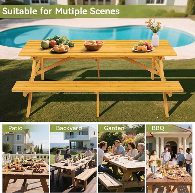 75" Rectangular Outdoor Picnic Table with Built-in Benches & Umbrella Hole,8-Person Heavy-Duty Solid Wood Dining Table,2220lb Capacity Natural for Camping, Garden & BBQ Social Events