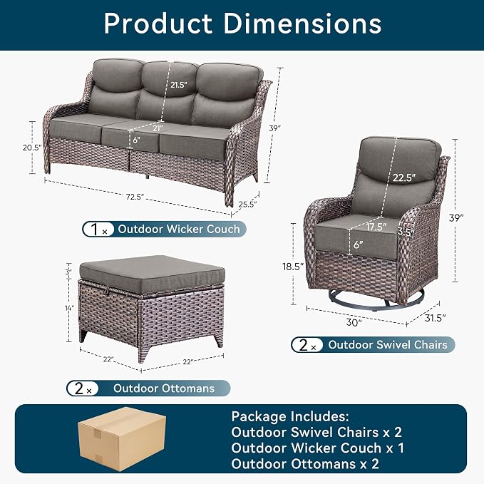 Luxury 5 Piece Patio Furniture Set-All Weather Outdoor Swivel Rocker Chairs with 6" Thick Cushions Multifunctional Ottoman Rattan Patio Conversation Sets for Porch Deck Garden Backyard(Brown/Grey)