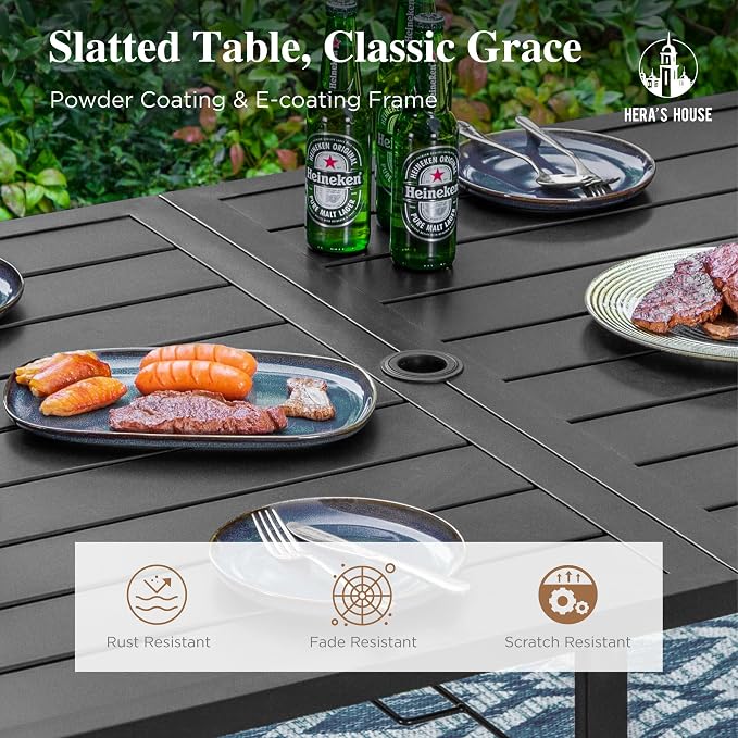 HERA'S HOUSE 7pc Patio Dining Set, 60" Metal Table, Textilene Chairs | Rectangular table with umbrella hole+ 6 blue chairs. Waterproof, rust-resistant, all-weather for backyard, porch