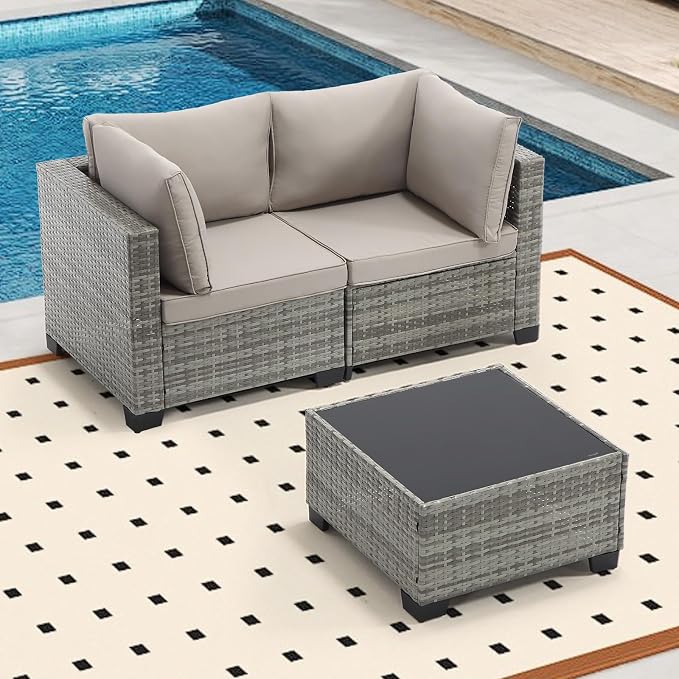 Bonzy Home 3 Pieces Outdoor Patio Furniture Set, PE Rattan Outdoor Sectional Furniture Sofa Set with Removable Cover and Glass Coffee Table, Patio Sofa for Balcony, Porch, Garden, (Grey-Grey)