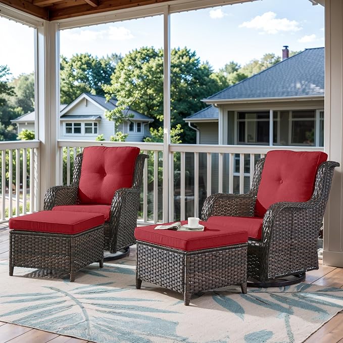 Belord Outdoor Swivel Chairs Set of 2,Patio Wicker Rocker Chairs with Ottomans, All Weather Patio Conversation Furniture Set, Ideal for Porch Balcony Deck Yard, Brown Wicker/Red