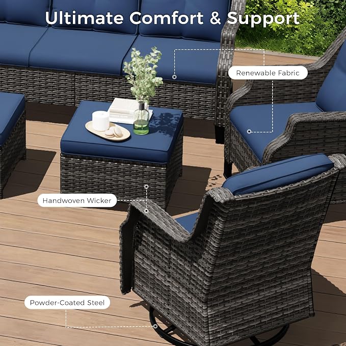 Outdoor Patio Furniture Set, 6 Piece Wicker Patio Furniture with Thick Cushions, Curved Armrest, Deep Seating, Outdoor Swivel Rocker Chairs for Porch, Deck, Balcony