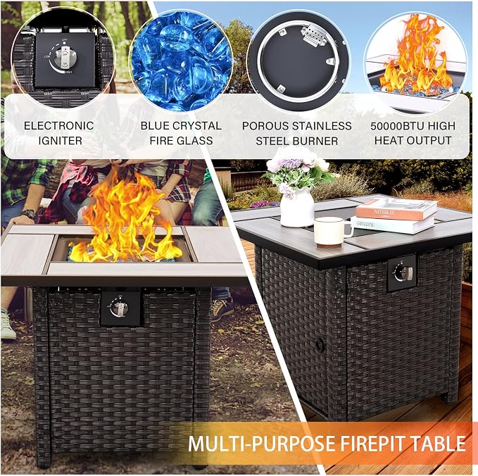 WAROOM Patio Furniture Set 5 Pieces Outdoor Conversation Sets PE Rattan Couch Loveseat Resin Wicker Sectional Sofa with Storage Box Coffee Table and Propane Fire Pit, Blue Cushion