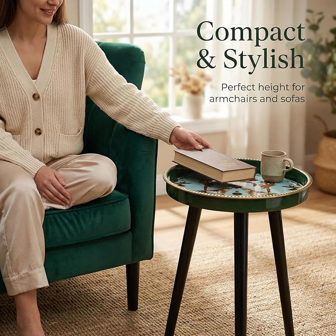 Small Round Side Table - 13 Inch Emerald Green Boho End Table with Vintage Cheetah Pattern Tray - Unique Tropical Accent Table with Moisture-Resistant Wrapped Legs for Living Room & Bedroom