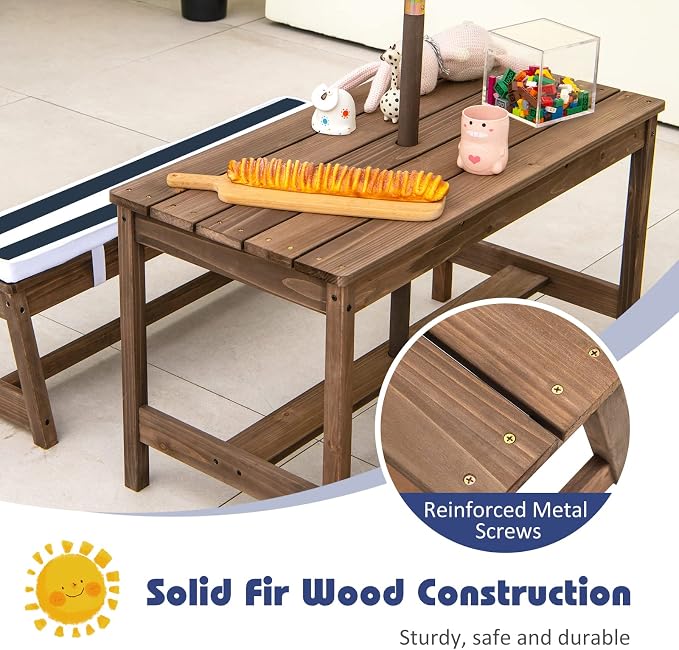 Olakids Kids Picnic Table, 2 in 1 Outdoor Toddler Wooden Table and Chair Set with Removable Cushions Height Adjustable Umbrella, Children Activity Furniture Bench for Patio Garden Backyard (Blue)