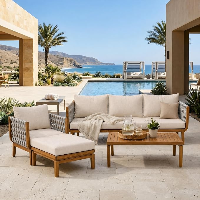 Christopher Knight Home Gwen 4 Piece Acacia Wood Patio Conversation Set with Sofa, Coffee Table, Ottoman and Club Chair, Patio Sofa Set with Cushions, Outdoor Patio Furniture Set for 5, Teak+Beige
