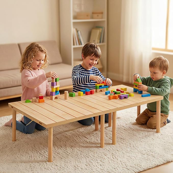 60" x 30" Boho Low Wooden Folding Picnic Table with Table Runner, Portable Boho Picnic Table for Indoor Outdoor Use, Camping, Beach, Garden, Wedding & Party (8 Steak Knives & Forks Included)