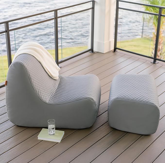 Big Joe Solvana Outdoor Lounge Chair and Ottoman, 2 Piece Patio Furniture Set, Weather-Resistant Cool Touch Silicone Stitched Leather, Moonlit Gray