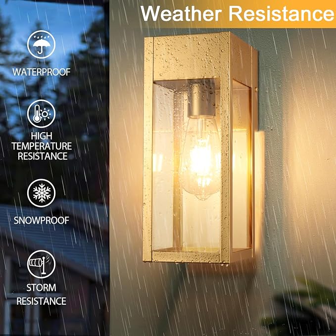 2 Pack Porch Lights Outdoor Wall Sconce, Outdoor Light with GFCI Outlet, Waterproof Exterior Wall Lantern Light Fixtures, Anti-Rust Wall Lamp with Clear Glass for Patio Doorway Garage- Gold
