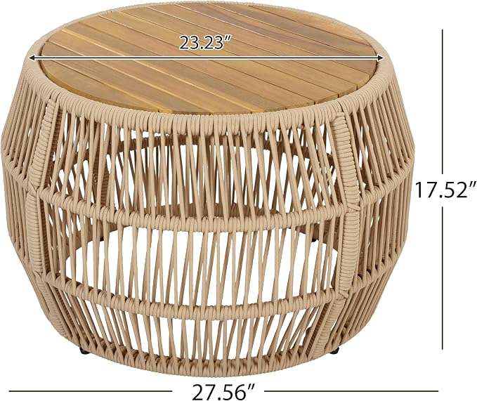 Round Acacia Wood Side Table with Light Beige Rope Frame, Teak Finish Top, 150 lbs Capacity, No Assembly Required, Weather-Resistant Accent Table for Patio Backyard Living Room