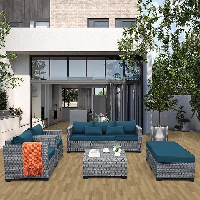 Lviden 6 Pieces Wicker Patio Furniture Sets Outdoor Conversation Set HDPE Rattan Sectional Sofa Couch with Storage Table and Non-Slip Cushions, Peacock Blue