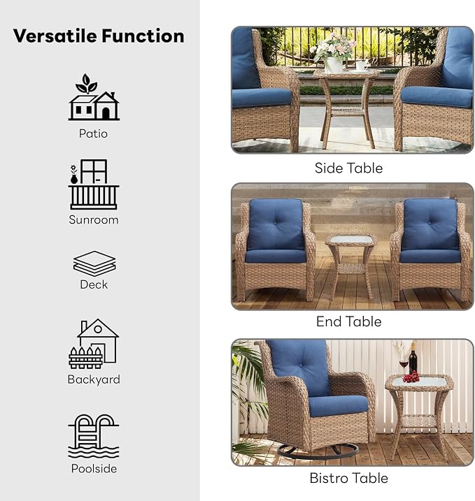 Belord Small Outdoor Side Table - 50 LBS Weight Capacity Wicker Side Table with Storage, Tempered Glass Top Patio Side Table for Porch Balcony Deck Yellow
