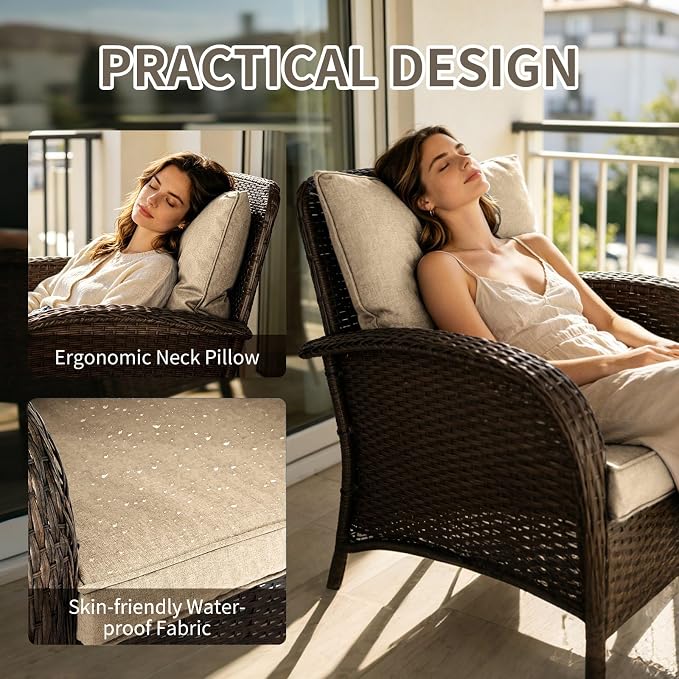 Outdoor Swivel Rocker Patio Chairs (Brown Wicker/Khaki Cushion, 7PC/Sofa & Swivel & Chair &2 Table)