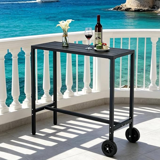 Takywep Weatherproof Steel Outdoor Bar Table, 39 Inch Counter Height Patio Dining Table with Wheels and Adjustable Leveling Feet, Portable Rolling Pub Table for Kitchen Island, Home Bar, Balcony
