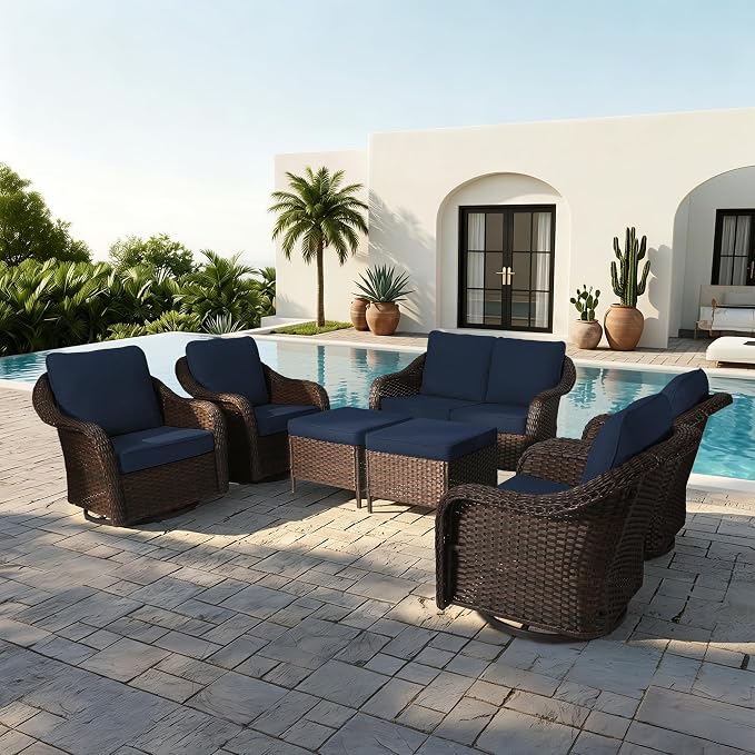 7 Piece Patio Wicker Conversation Set, All-Weather Use Outdoor Wicker Loveseat with 4 PE Rattan Ottomans,4 Swivel Chair, Ideal for Porch, Backyard, Balcony, Poolside, Blue