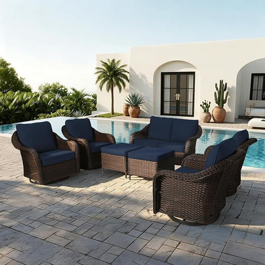 7 Piece Patio Wicker Conversation Set, All-Weather Use Outdoor Wicker Loveseat with 4 PE Rattan Ottomans,4 Swivel Chair, Ideal for Porch, Backyard, Balcony, Poolside, Blue