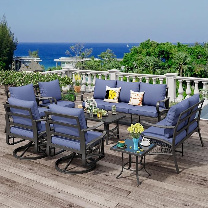 8 Piece Patio Furniture Set, 9 Seat Metal Outdoor Sectional Sofa Set with 2 Swivel Chairs, Patio Conversation Set with Thick Cushions and Coffee Table for Garden, Porch, Lawn, Blue