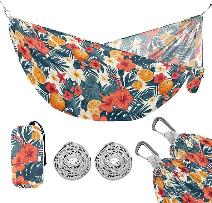 Camping Hammock Outdoor Hammocks for Outside Orange Hibiscus Flower Beach Trees Portable Lightweight with Pockets Tree Straps Indoor