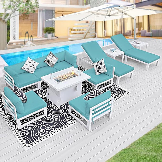 BULEXYARD 11 Piece Large Modern Aluminum Outdoor Sofa with Lounge Chair & Fire Pit Table, 500 lbs Durable Sectional Set for Heavy People, All Weather Comfy Patio Furniture Set for Backyard, Turquoise