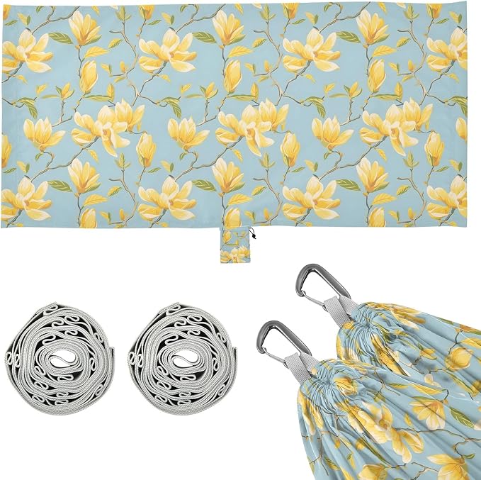 Camping Hammock Outdoor Hammocks for Outside Yellow Magnolia Flowers Beach Trees Portable Lightweight with Pockets Tree Straps Indoor Small