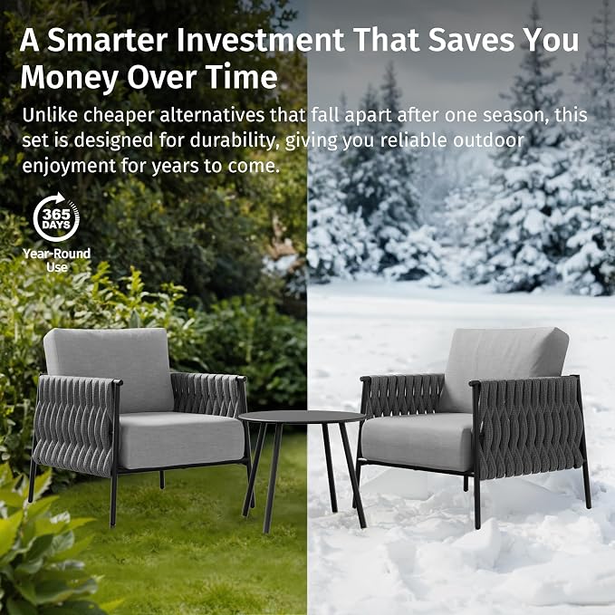 East Oak 3-Piece Patio Furniture Set | Armchairs & Coffee Table | Outdoor Furniture with Cushions | Deep Seating Modern Conversation Set | Garden, Porch, Balcony & Backyard | Misty Grey