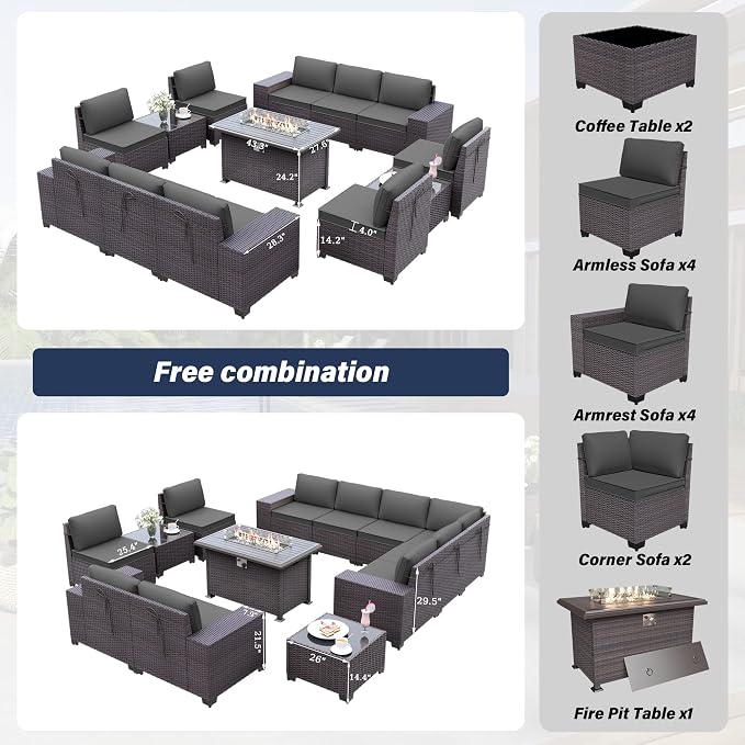 Kurapika 13 Pieces Patio Furniture Set, Rattan Wicker Outdoor Conversation Sets w/43in Propane Fire Pit Table(Grey)