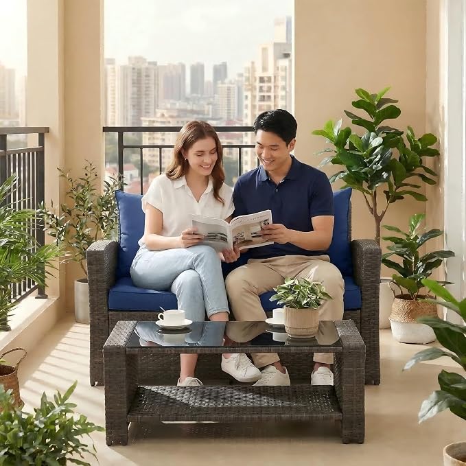 4 Pieces Outdoor Patio Furniture Set, PE Wicker Patio Conversation Set with Cushions and Tea Table, All-Weather Outside Rattan Sectional Sofa for Backyard,Porch, Garden, Balcony, Navy