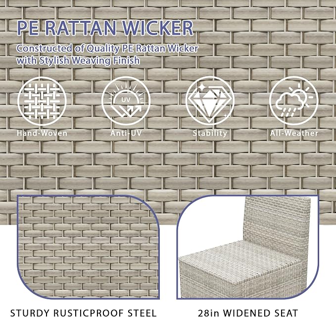 12 Piece Patio Furniture Set, 9.8" Wide Arm Sectional Sofa with Storage Armrests, All-Weather Rattan Outdoor Conversation Set for Garden, Porch, Lawn, Backyard, Balcony, Khaki