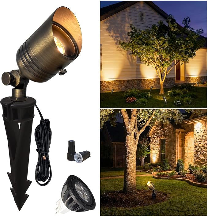 COLOER Brass Outdoor Spotlights,12V LED Low Voltage Landscape Lighting with 5W 2700K Aluminum MR16 Bulb, IP65 Waterproof Landscape Spot Lights for Yard,Garden,Tree, Small Size (1 Pack with Bulb)