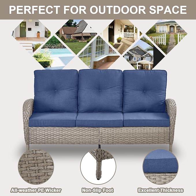 Belord Wicker Outdoor Furniture Set - 7 Piece Patio Conversation Sets with Comfort Swivel Rocker Glider Chairs Set of 2 & Rattan Sofa, Tempered Glass Coffee Table & Side Table Gray/Blue