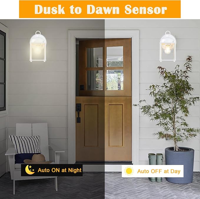 Outdoor Wall Light, Porch Lamp, Dusk to Dawn, White | Exterior Wall Sconce Fixture for House, Garage, Patio, Rustproof Waterproof, Metal Housing with Glass, E26 Base, 4 Pack
