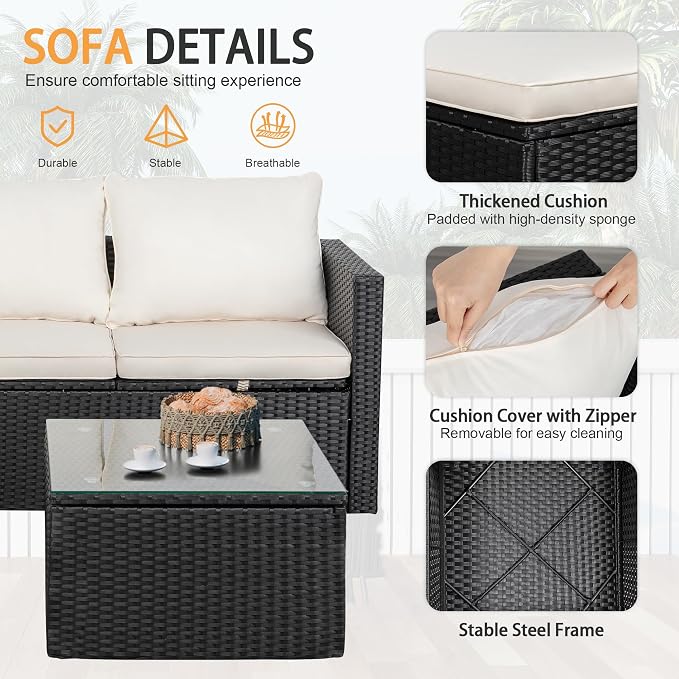 Shintenchi 4 Pieces Patio Furniture Set, 2-in-1 Convertible Sectional Sofa & Chaise Lounge, All-Weather Wicker Rattan Sofa Couch with Cushions & Coffee Table for Yard, Garden, Porch, Poolside (Beige)