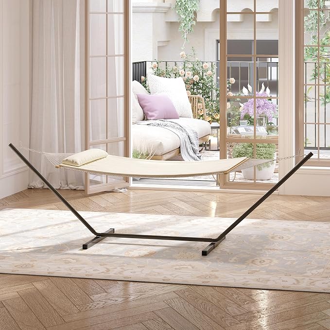 Double Hammock with Stand, Curved Bar Design, 2 Person Large Hammock with 450LBS Capacity, Indoor & Outdoor Hammock with Stand for Backyard, Patio, Garden, Beach & Camping-Beige