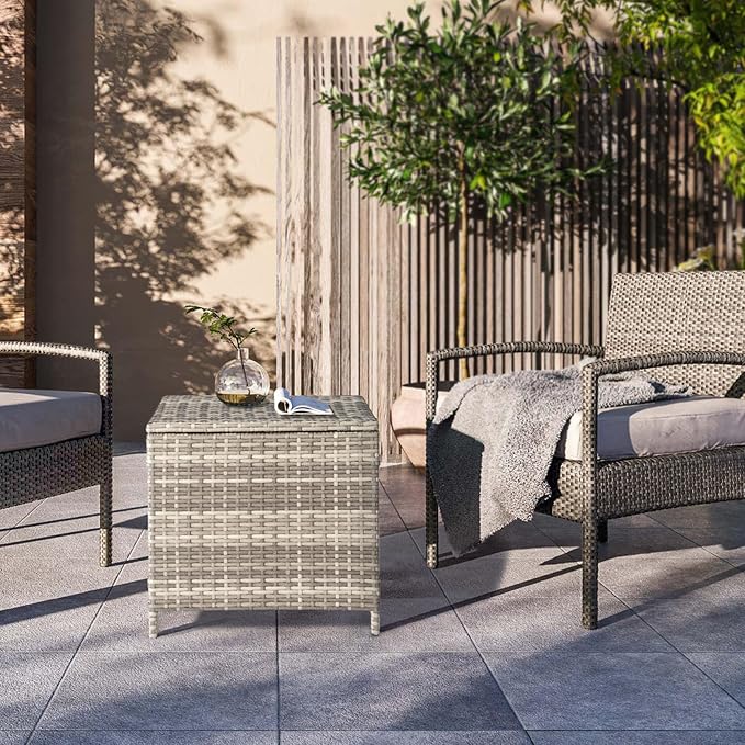 Outdoor Wicker Side Table with Lid, All-Weather Rattan Side Table with Storage, 27-Gallon Capacity, Water-Resistant Wicker Patio Table, for Outdoor Patio and Garden, Grey