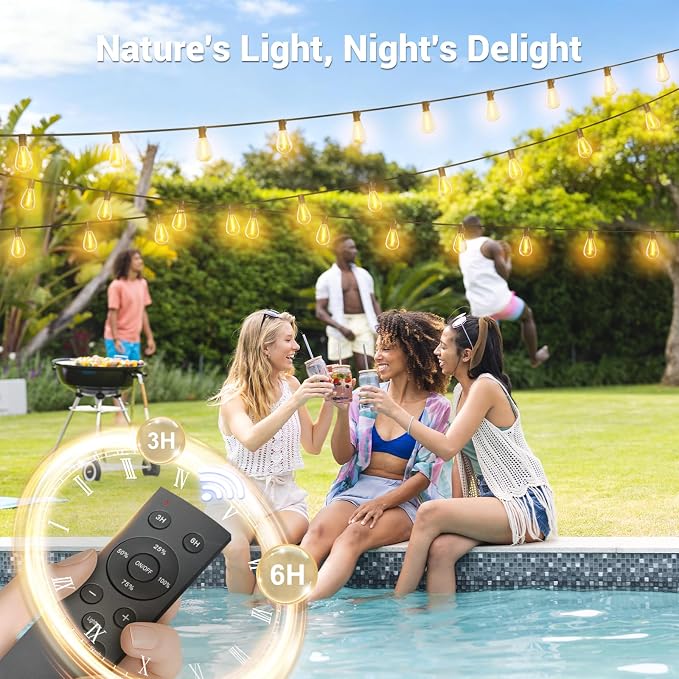 30FT Solar String Lights Outdoor Waterproof, 10+1 LED Solar Powered Lights with Remote Control, 3 Light Modes & Dimmable, USB-C Charging for Patio, Backyard, Garden, Camping