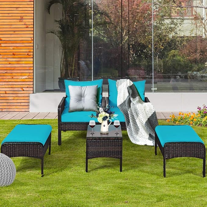 COSTWAY 5 PCS Patio Rattan Furniture Set, Outdoor Cushioned Sofa with Ottomans and Coffee Table, Wicker Conversation Set for Backyard Porch Lawn Poolsid, Turquoise