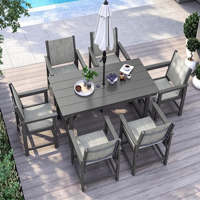 Amopatio HDPE Patio Outdoor Dining Table for 6 All Weather 67'' Rectangular Table with Umbrella Hole for Porch Deck Garden Backyard Poolside