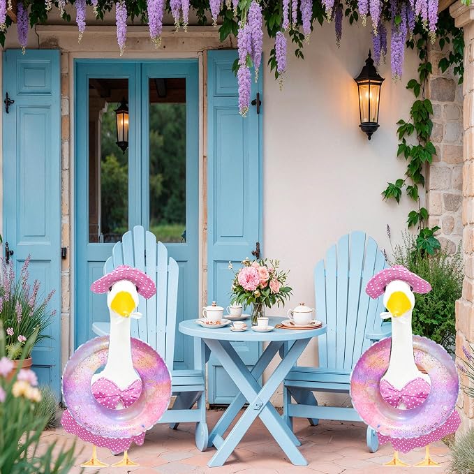 Porch Goose Summer Outfit, Yellow, 23'' Lawn Statue | Bikini Hawaiian Outfit, Hat & Sunglasses Included, Swimming Ring Included, For Cement or Plastic Goose